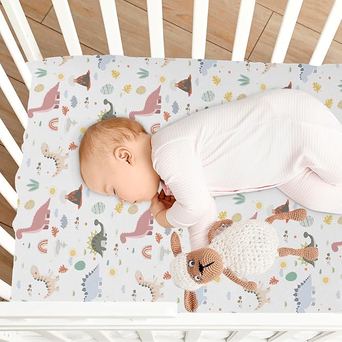 Baby Crib Sheets Dinosaur Plant Rainbow Crib Sheets for Boys Girls,Neutral Bassinet Toddler Bed Play Sheets Breathable Soft and Portable 52 * 28 * 9in