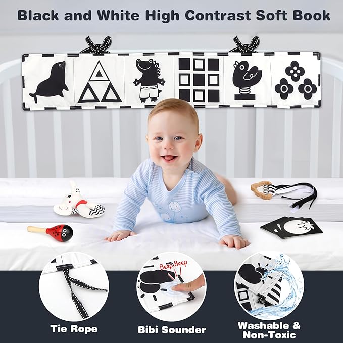 Joyreal High Contrast Baby Toys 0-6 Months, Black and White Sensory Toys for Newborn Brain Development, Montessori Infant Toys with 20 Cards