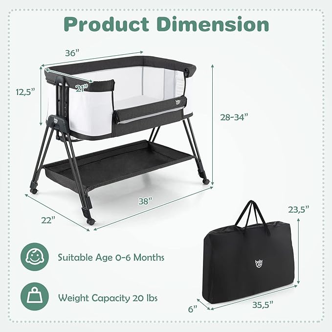 BABY JOY Bassinet Bedside Sleeper, Easy Folding Crib w/All-Side Mesh, Storage Shelf, 7 Adjustable Heights, Mattress & Travel Bag for Safe Co-Sleeping, Portable Bed for Newborn Infant -Black