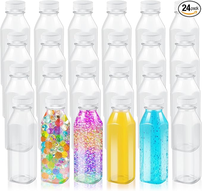 Honeydak 24 Pcs Empty Sensory Bottles Bulk with White Lids 12 oz / 350 ml Clear Plastic Reusable Leakproof Juice Bottles Drink Container for Sensory Crafts Handmade Beverages Storage Party Supply