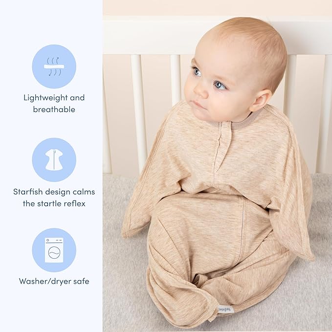 SleepingBaby Zipadee-Zip Transition Swaddle - Cozy Baby Swaddling Blanket with Zipper Convenience - Roomy Wearable Blanket for Easy Diaper Changes - 6-12 Month - Balanced Beige Heather