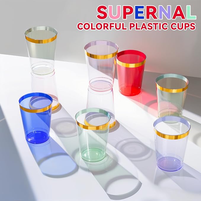 supernal 100 Pcs Red Plastic Cups - 10 Oz Clear Disposable Cups with Gold Trim,Clear Red Plastic Cocktail Glasses Perfect for Weddings,Birthday,Parties & Elegant Events,Disposable Party Cup