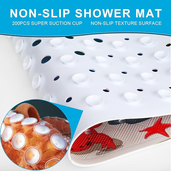 XIYUNTE Baby Bath Mat for Tub Non Slip Kids Bath Mat - 40''x16'' Extra Long Cartoon Sea Turtle Baby Bath Tub Mat Eco-Friendly Toddler Bath Mats with Suction Cups & Drain Holes Easy to Clean & Drying