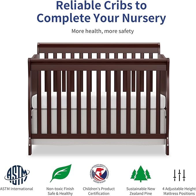 Baby Crib 5-in-1 Convertible, Wooden Cribs Converts to Toddler Bed, Daybed and Full-Size Bed, Nursery Furniture with Non-Toxic Finishes (Espresso)