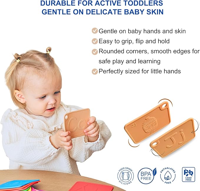 SiliABCs Alphabet Flash Cards, Non-Toxic Silicone Alphabet Flash Cards for Toddlers 1-3, Montessori Toddler Preschool Alphabet Learning Activities, Dishwasher Safe Soft Baby ABC Cards