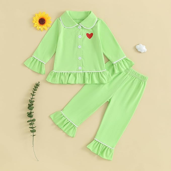 Toddler Kids Baby Girl Solid Pjs Ruffle Long Sleeve Button Shirt Top and Pants Cotton 2Piece Pajamas Set