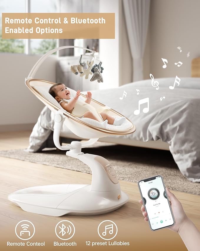 Baby Swing for Infants to Toddler, Electric Baby Swing with Sturdy Shield-Shaped Base, 180° Rotation Portable Infant Swing with 5 Speeds & 12 Lullabies for Newborn Baby Boy Girl Up to 20 lbs, White