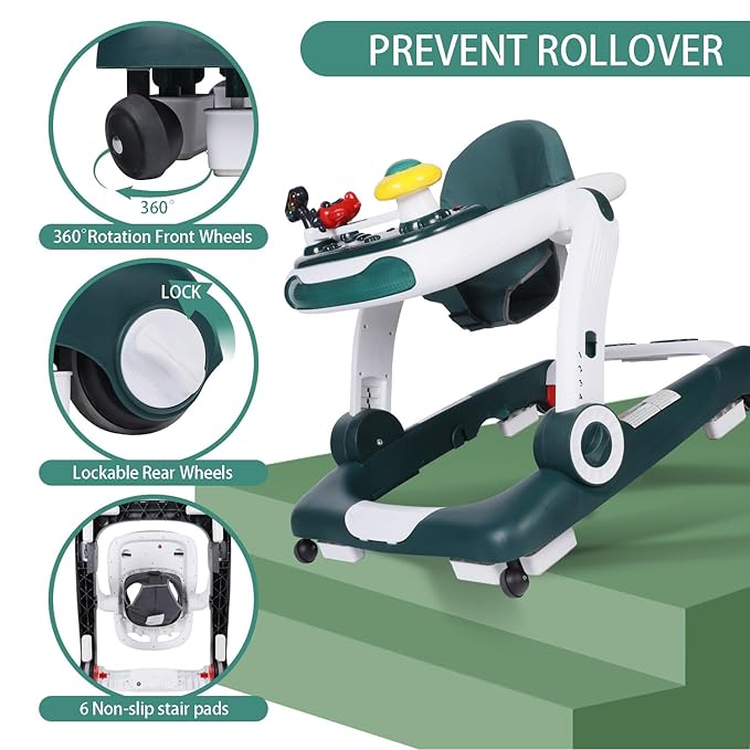 Kinder King Baby Walker with Music & Lights, 5 in 1 Baby Bouncer Activity Walker, Adjustable Height & Seat, Learning-Seated & Toddler Walk-Behind, Safety Bumper, Infant Walker Anti-Rollover, Green