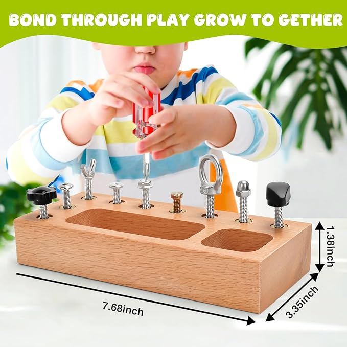 Montessori Busy Board for Toddlers 1-3 Years, Wooden Screwdriver Activity Board, Fine Motor Skills & Sensory Development Toy, Preschool Learning & Travel