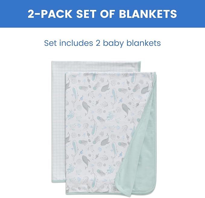 Delta Children 100% Organic Jersey Cotton Baby Receiving Blankets for Girls and Boys – 30x40 Inches - GOTS Certified (Pack of 2), Sea Life