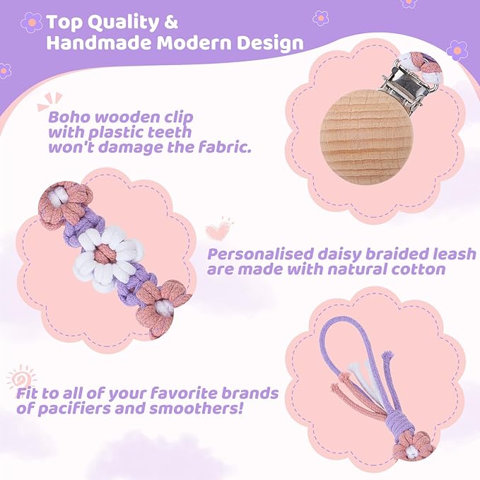 Pacifier Clip for Boys Girls Floral Daisy Macrame Baby Paci Clip Pacifier Holder Leash Boho Wooden Clips Handmade Braided Cotton Binky Clips (1pack:Lavender Style)