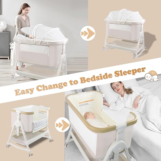 4 in 1 Baby Bassinet, Bassinet Bedside Sleeper with Wheels and Storage Basket, Adjustable 7 Heights Bedside Sleeper with Musquito Net, Breathable Mesh Rocking Bassinet for Baby/Newborn (Beige)
