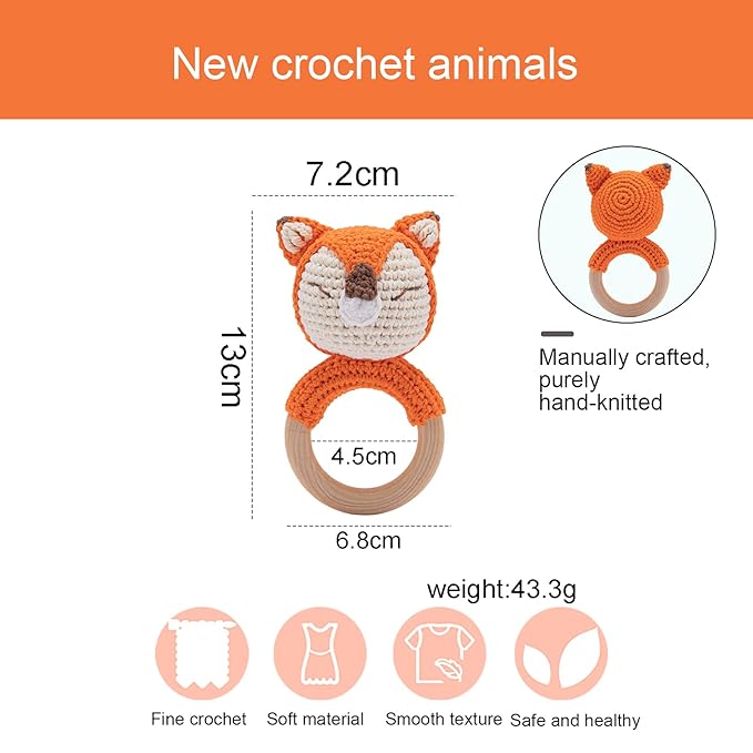 Wooden Baby Rattle Crochet Fox Baby Toys Handmade Newborn Toy Early Development Grips Stuffed Animal Organic Rattle