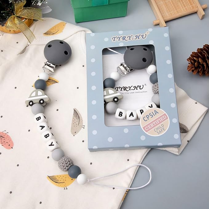 Personalized Pacifier Clip with Name for Baby, Customized Pacifier Clip Fits All Pacifiers, Baby Birthday Christmas Gift for Boys and Girls, Car (Grey)