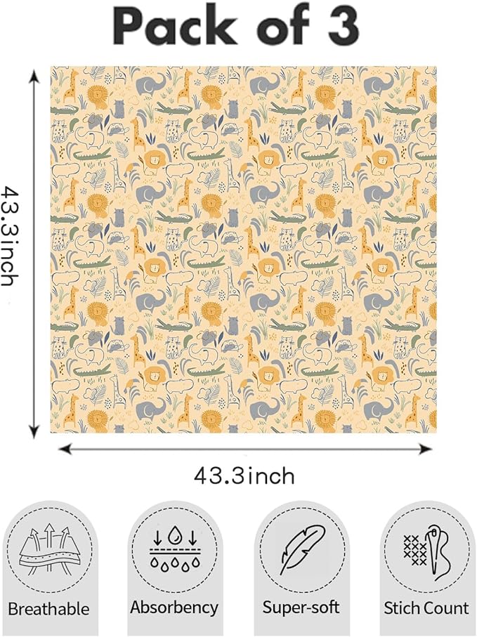 Muslin Swaddle Blankets for Baby Boys and Girls,3 Pack Breathable Soft Receiving Blanket,Large 43.3X 43.3 inches,Newborn Essentials Must Haves(Jungle)