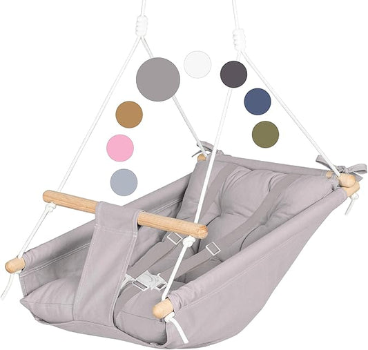 CaTeam Canvas Toddler Swing – Indoor/Outdoor Hanging Chair for Patio & Playroom with Safety Belt – Wooden Baby Seat for Ages 12+ Months – Taupe Gray