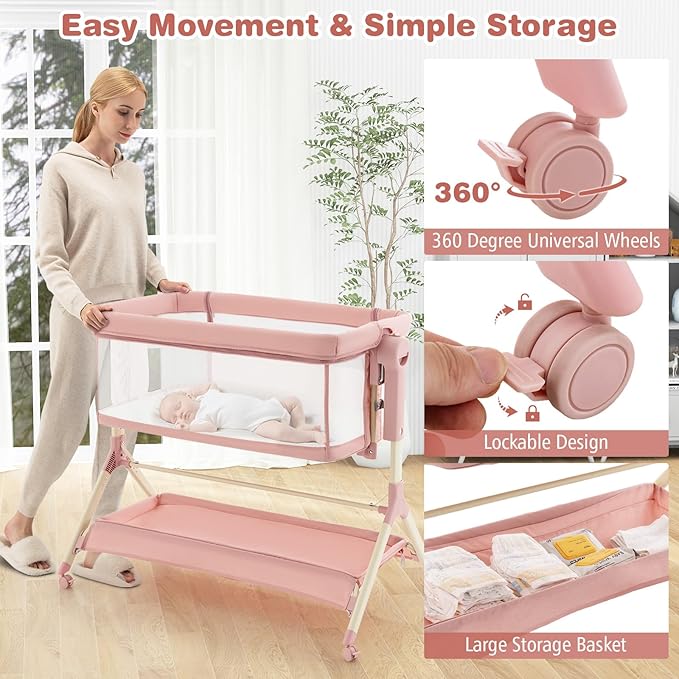 BABY JOY Bassinet, 3 in 1 Rocking Bedside Bassinet w/Storage Basket, Universal Wheels, Adjustable Height, Mattress, Net & Portable Bag, Carriable Crib Baby Bassinets Bedside Sleeper (Pink)
