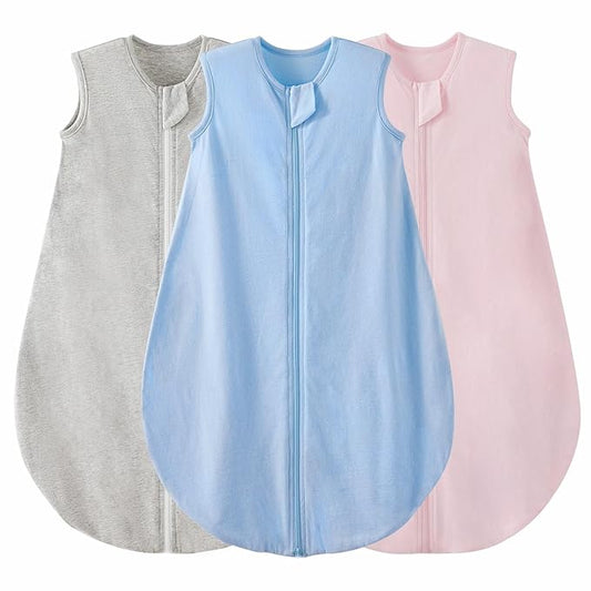 Duomiaomiao 3 Pack Baby Sleep Sack 100% Organic Cotton Lightweight Breathable Comfy Toddler Sleeping Sack (0.5tog Gray&Blue&Pink, Large)
