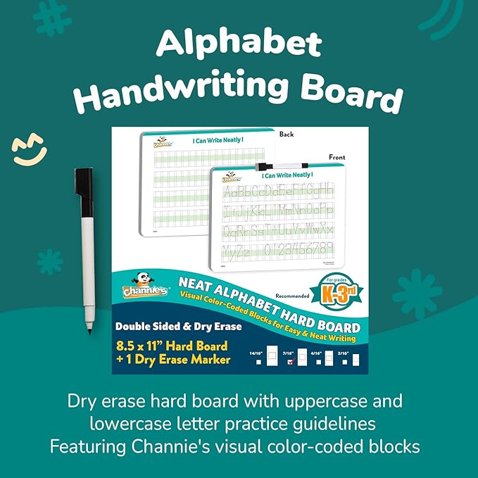 Channie’s Visual Dry Erase Neat Alphabet Hard Board for 1st, 2nd, 3rd Elementary School Students, Handwriting Practice, Homeschool Learning Supplies and Summer Teaching Workbooks