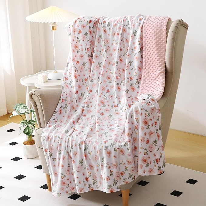DaysU Silky Micro Soft Plush Baby Blankets for Girls with Print Floral Pattern and Soothing Raised Dots, Double Layer Bed Throws for Toddler Cot, Blossom, Pink, 50x60 Inches