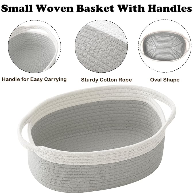 Gift Basket with Gift Bag and Ribbons,Small Rope Woven Shelf Storage,Baskets for Gifts Empty,Birthday,Shower,Decorative Organizer Box for Cat Dog Pet with Handles(White&Grey)