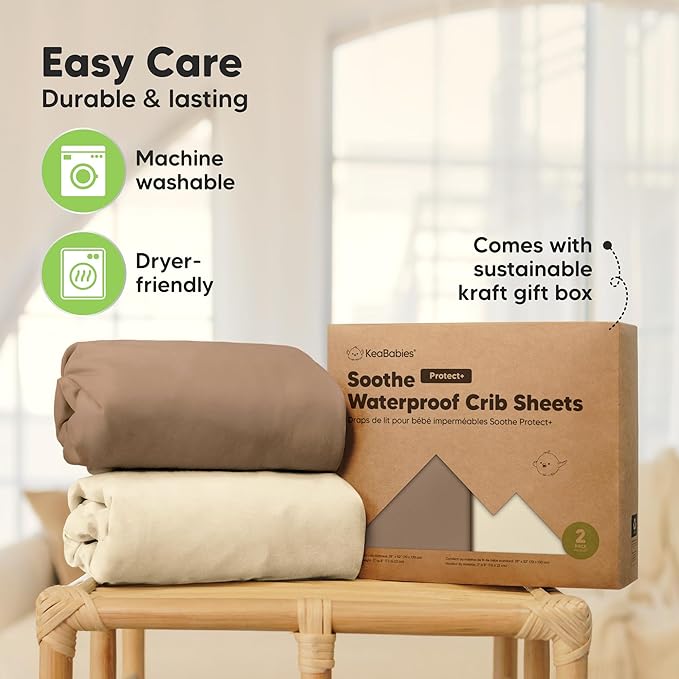 2-Pack Waterproof Crib Sheets for Girl, Boy - Organic Cotton 52X28 Fitted Crib Sheets Neutral, Crib Mattress Protector Sheets, Soft Toddler Bed Sheets, Washable Infant Fitted Baby Crib Sheets (Latte)