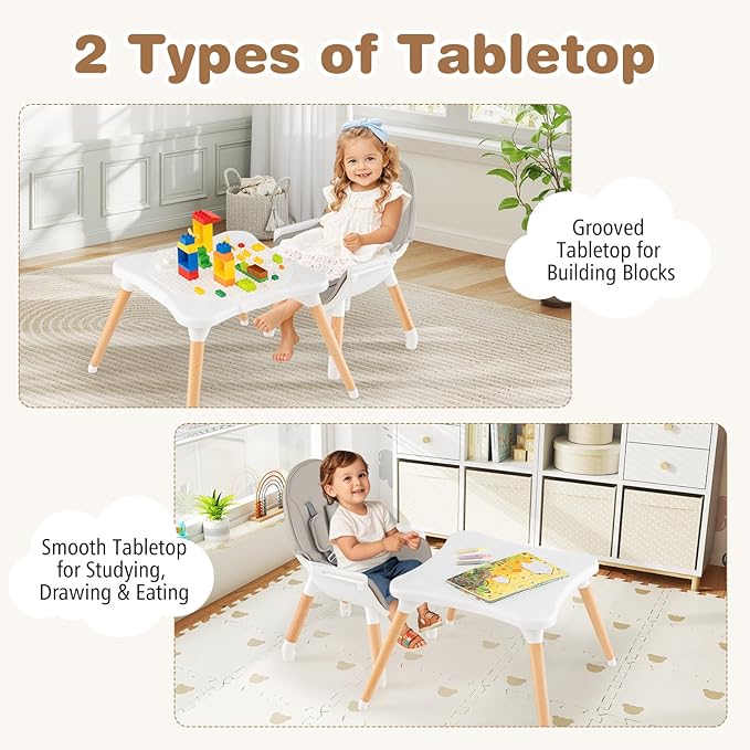 BABY JOY 6 in 1 High Chair, Convertible High Chairs for Babies and Toddlers/Booster Seat/Table and Chair Set, Infant Wooden Highchair w/ 5-Point Harness, 4-Position Removable Tray & PU Cushion (Gray)