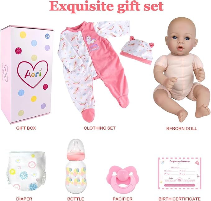 Aori Reborn Baby Dolls Lifelike - 18-inch Real Life Newborn Girl with Ultra-Realistic Handcrafted Details & Flexible Limbs, Gift Set for Kids 3+, Parents, Elderly and Collectors
