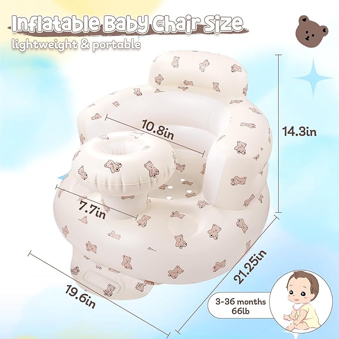 Arscniek Inflatable Baby Seat Built in Air Pump, Blow Up Baby Chair with Back Support and Tray, Sit Me Up Floor Seat for Babies 3-36 Months, Portable Infant Chairs for Indoor and Outdoor- Biscuit Bear