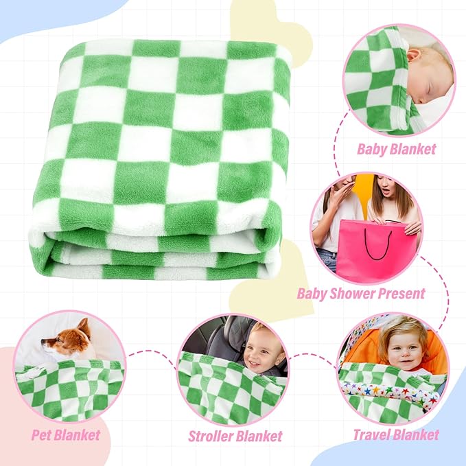 Plush Checkered Baby Blanket for Boys Girls Nursery, 30"*40" Warm Short Fleece Blanket Neutral for Infant Newborn, Small Fuzzy for Sleeping, Chenille or Stroller (Green&White)