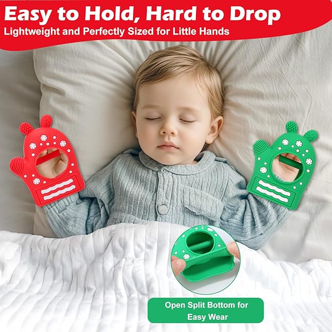 Christmas Baby Teething Mitten Toys 2 Pack, Silicone Snowflake Teethers for Newborns, Infants & Toddlers, Easy-Grip Hand Teething Gloves for Relief, Perfect Baby’s First Christmas Stocking Stuffers