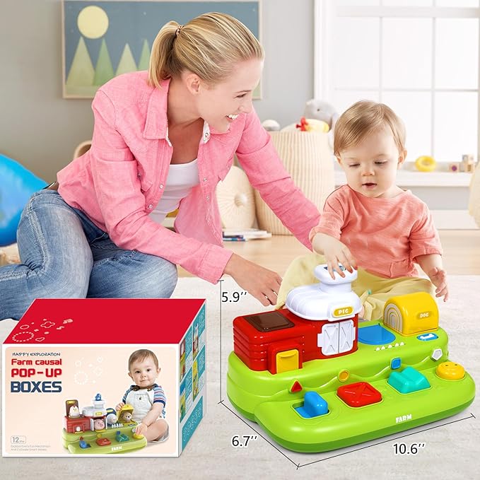 Interactive Pop Farm Animal Up Toys with Music Sounds Montessori Cause and Effect for 1-3 Baby Boy Girl Early Educational Musical Baby Infant STEM Gift 9-12-18 Months Babies Birthday