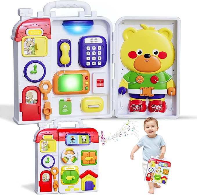 Busy Board for 1+ Year Old, Montessori Sensory Board for Toddlers, Bilingual Learning Toy Travel Musical Birthday Gift for Baby Boys Girls Ages 2 3 4