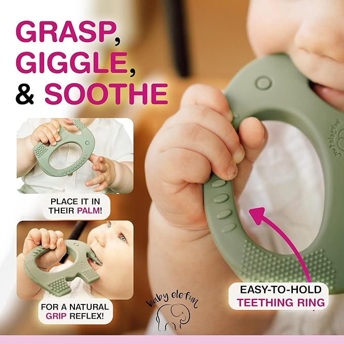 Teethers for Babies 6-12 Months - Baby Elefun 5x Pain Relief Toddler Teether. No More Ouch for Mom Anti Bite Trainer. Nurtures Grasping, Passing, Hand Eye Coordination. Silicone Baby Teething Toy Ring