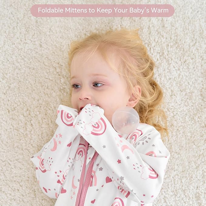 Baby Sleep Sack 12-18 Months, Long Sleeve Baby Wearable Blanket 0.5 Tog with Mittens, 2-Way Zipper Toddler Cotton Sleeping Sack for Boy and Girl Pink Rainbow 2 Pack(Large)