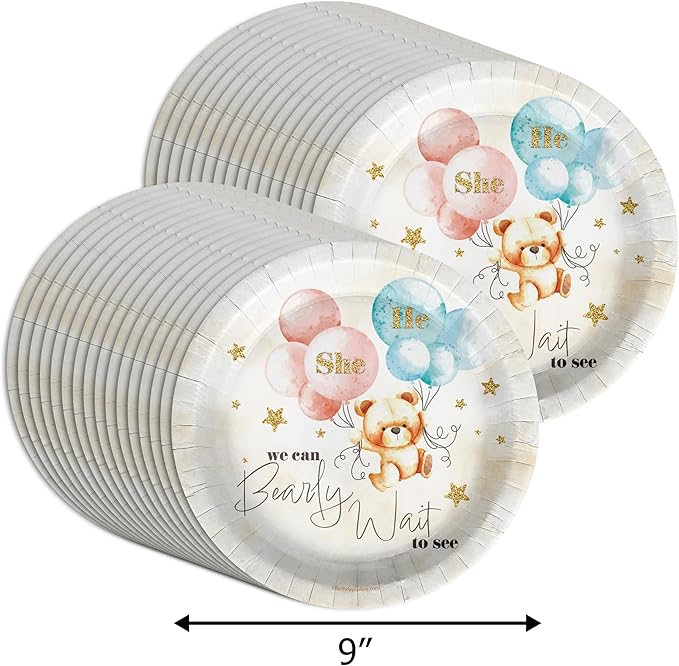 Birthday Galore We Can Bearly Wait Teddy Bear Gender Reveal - 32 Piece Disposable Party Supplies - Bear Gender Reveal Decorations - Round Party Plates - Large 9" Paper Plates In Bulk