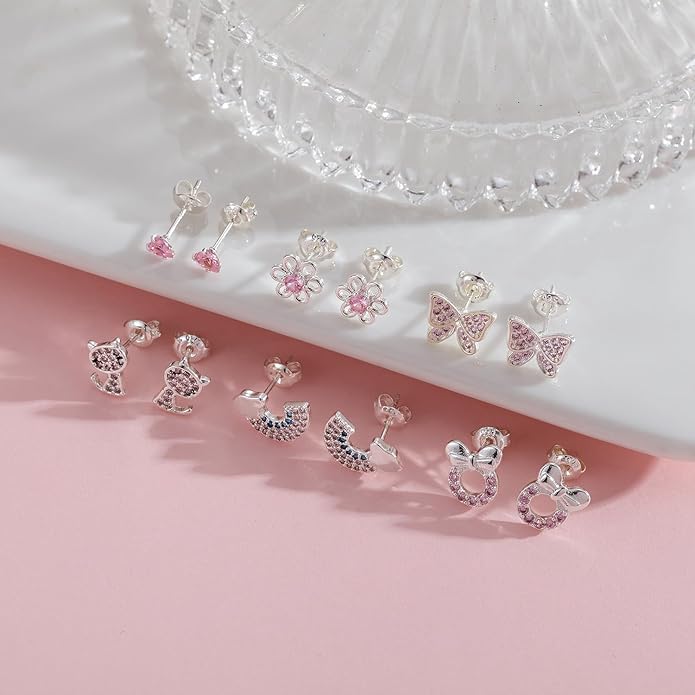 6 Pairs Huggie Hoop Earrings 925 Sterling Silver Stud Sets Cute Heart Hoops Tiny Cubic Zirconia Flower Stud Small Hypoallergenic Cartilage Sleeper Earrings