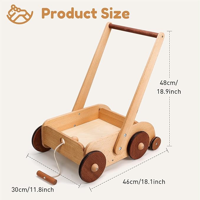 Wooden Baby Walker, Adjustable Speed Anti-Rollover Push Walker Toy for Babies Learning to Walk, Natural Wood Toddler Push and Pull Toys Wagon Birthday Toy for Boy Girl 1-3(Patent Protection)