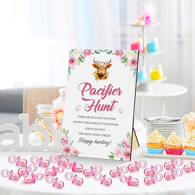 Thyle 51 Pcs Pacifier Hunt Baby Shower Games Include Hunt Sign and 50 Acrylic Pacifiers for Baby Shower Game Decoration Gift Sets Gender Reveal Party Decor(Highland Cow)
