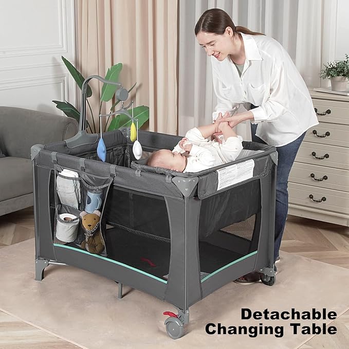 Pack and Play with Changing Table & Carry Bag, 4-in-1 Portable Crib Playpen for Newborn to Toddler, ASTM Certified Foldable Travel Crib with Bassinet(C-Cartoon)