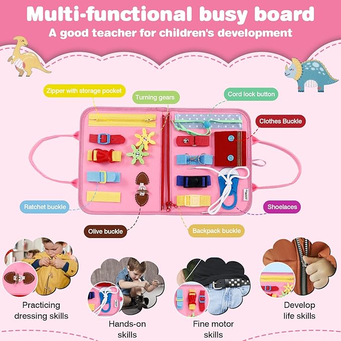 Busy Board for Toddlers, Sensory Board Travel Toys Gifts for 1 2 3 4 Year Old Girls Boys, Montessori Toys to Learn Fine Motor Skills, Educational Activities Busy Book for Airplane Car (Pink)
