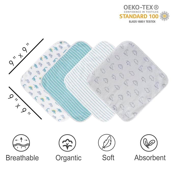 Viviland Baby Washcloths, 24Pack Baby Wash Cloths for Newborn, Baby Towels and Infant Bath Face Washcloths for Boys Girls Super Soft Absorbent, Gentle on Sensitive Skin Body, 9x9 Dinosaur