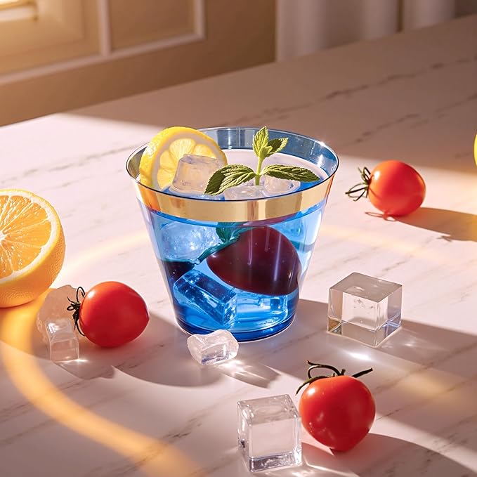 supernal 100 Pcs Blue Plastic Cups, 9oz Blue Disposable Cups with Gold Rim, Plastic Wine Cocktail Glasses Perfect for Party, Wedding and Birthday, Cute Cocktail Party Cup Disposable Wine Glasses