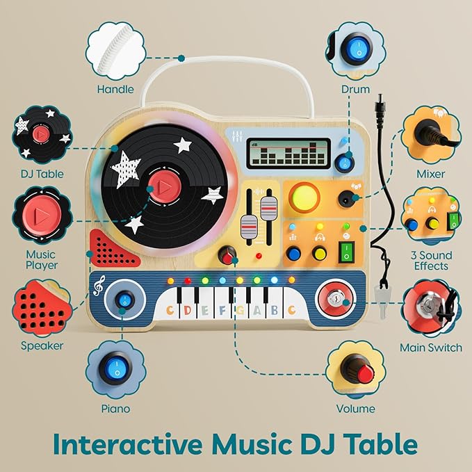 TOP BRIGHT DJ Busy Board with LED Light, Wooden Toddler Toys for 3 Year Old Boys and Girls, Montessori Sensory Toy with 6 Classic Songs 4 Sound Effects, Portable Travel Toy for 36M+