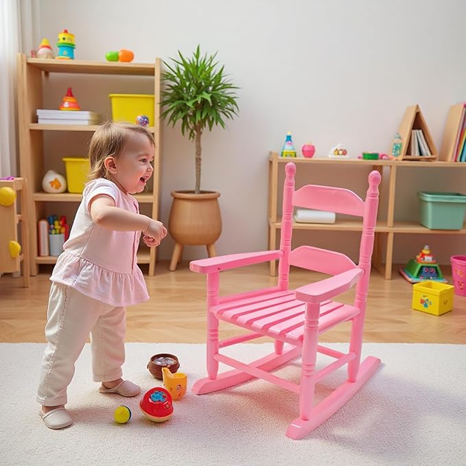 Child Rocking Chair for 3-6 Small Baby Kids Wooden Outdoor Furniture Indoor Living Room Lounge Bedroom Porch Patio Outside Pink