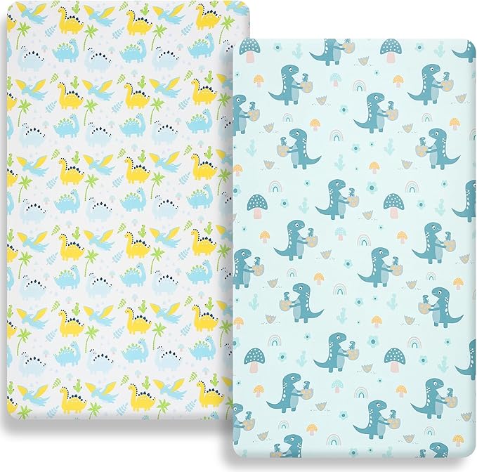 Pack n Play Flat Sheet 2 Piece Mini Crib Sheet Elastic Playard Sheet Set Portable Sheet Set Elastic Convertible Playmat Compatible Graco Pack n Play (Owl and Tree Bag) (More Dinosaurs)