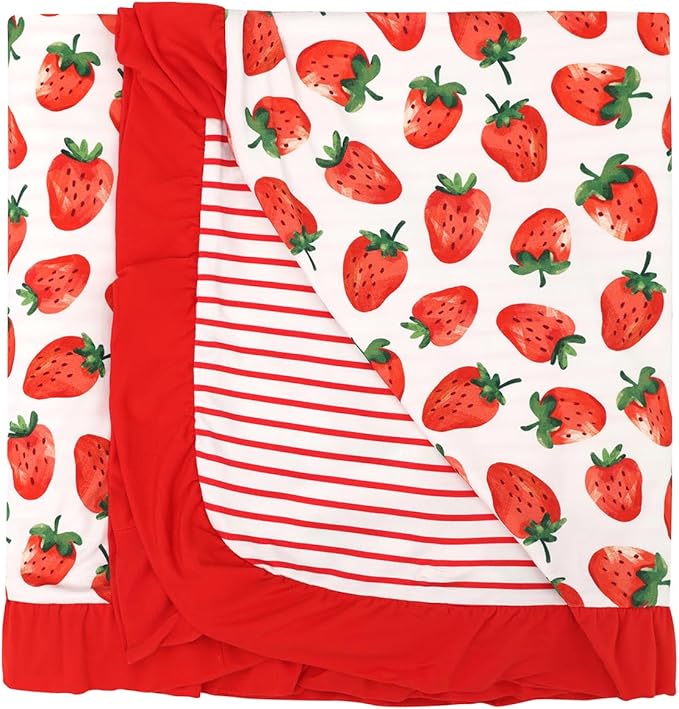 Premium Baby Blanket for Girls, Stretchy Quilt, Soft Crib Bedding for Newborn Baby and Toddler, Ruffle Nursery Blanket for Kids, Viscose Made from Bamboo, 50''x50'' Strawberry