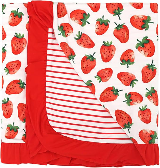 Premium Baby Blanket for Girls, Stretchy Quilt, Soft Crib Bedding for Newborn Baby and Toddler, Ruffle Nursery Blanket for Kids, Viscose Made from Bamboo, 50''x50'' Strawberry
