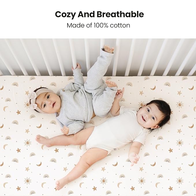 Konssy Muslin Crib Sheets for Girl Boy, 2 PCS Soft and Breathable Cotton Baby Sheets for Standard Crib Mattress, 52"x 28" (Sunbeam Yellow, Coffice)