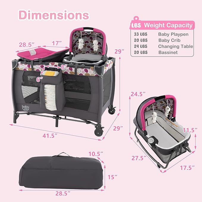 HONEY JOY Pack and Play with Bassinet, Infant Nursery Center Pack and Play w/Newborn Cradle & Hanging Toys, Diaper Storage Bag, Music, Carry Bag, Portable Baby Playard w/Changing Station (Pink)